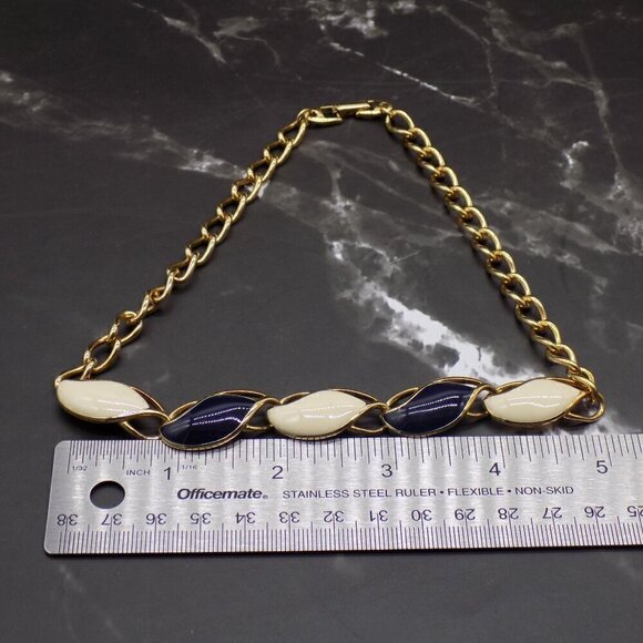 Vintage Choker Collar Necklace Thermoset Navy Blue and Cream Stones Gold-tone - Picture 8 of 8